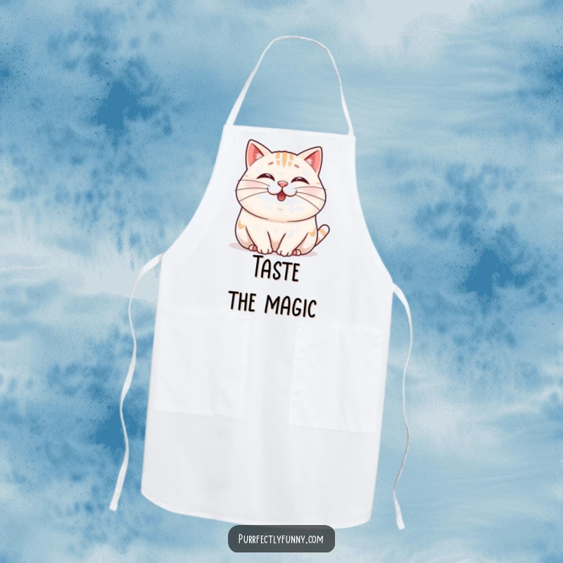 Funny Wobbly Whisker Cat Apron featuring a plump, cheerful cat wiggling its nose and a comically long whisker, perfect for kitchen fun.