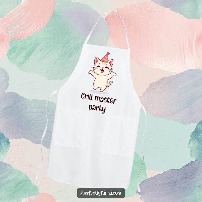 Funny cat wearing a party hat, bouncing with excitement, adding a whimsical and fun touch to this apron.