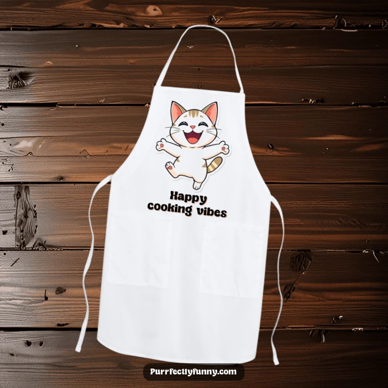 Funny cat in a joyful leap with a huge grin, ready to add fun to any kitchen task with this apron.