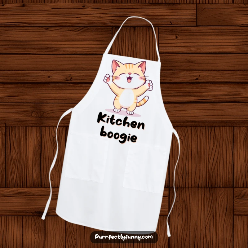 Funny Apron depicting a cat energetically dancing with its paws up, bringing humor and fun to cooking and baking.