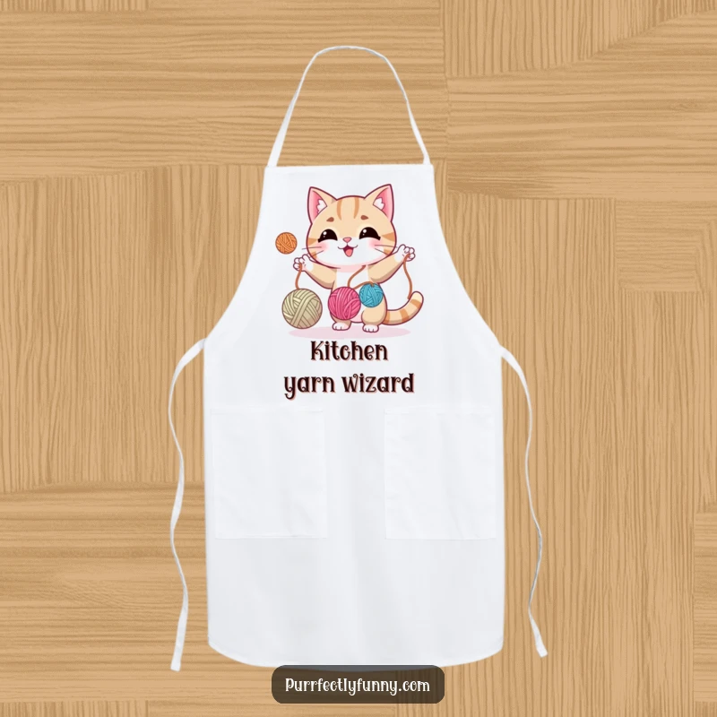 Funny cat masterfully juggling three balls of yarn, adding a whimsical and practical touch to this apron.