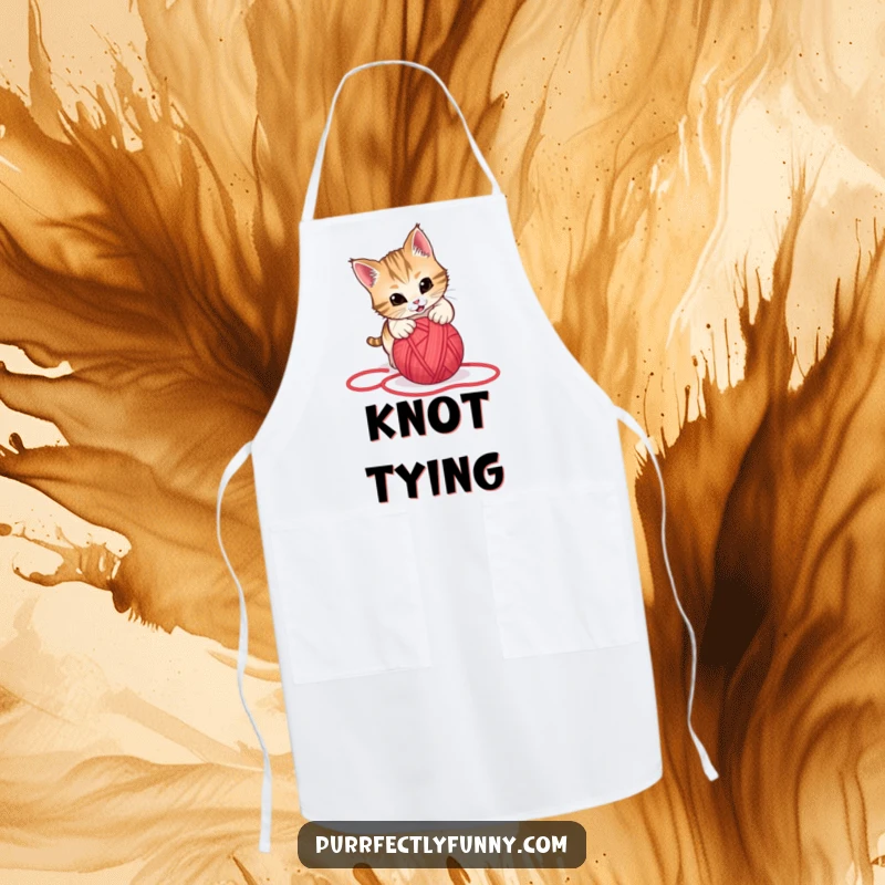 Funny apron depicting a cat playfully pouncing on a rolling red yarn ball, ideal for kitchen protection and whimsical decor.
