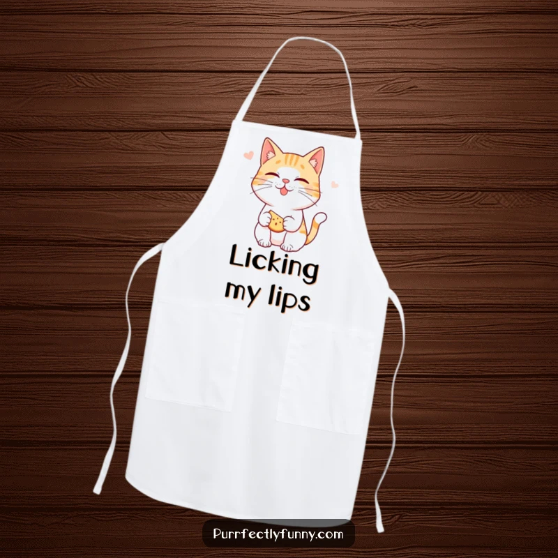 Funny cat apron: a cat character smacking its lips, anticipating a delicious snack while cooking, looking hungry and happy.
