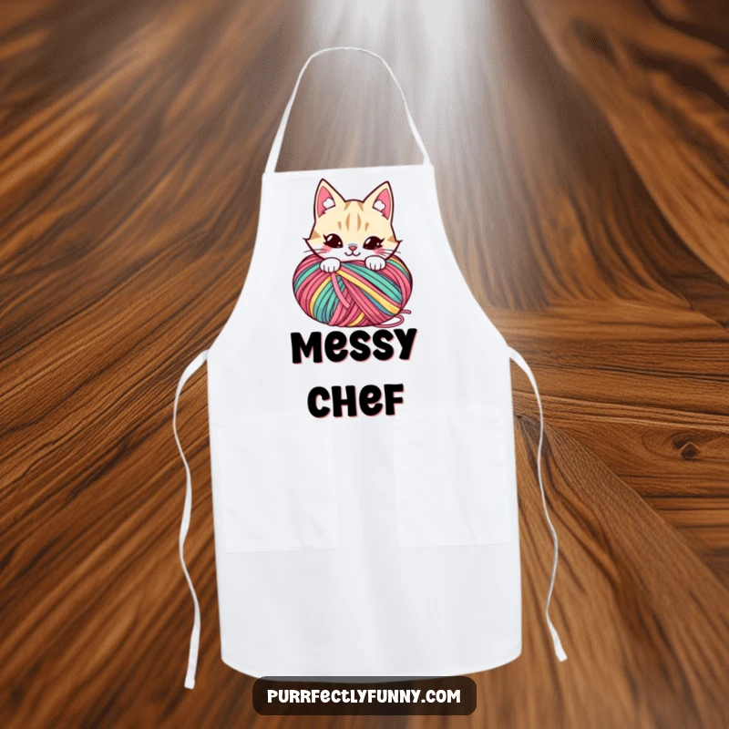 Funny apron with a mischievous cat character hiding behind a large ball of colorful yarn, grinning.