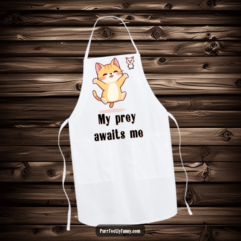 Funny apron with a simplified cat character captured in a humorous leap, paws extended towards a floating toy, adding fun to cooking.