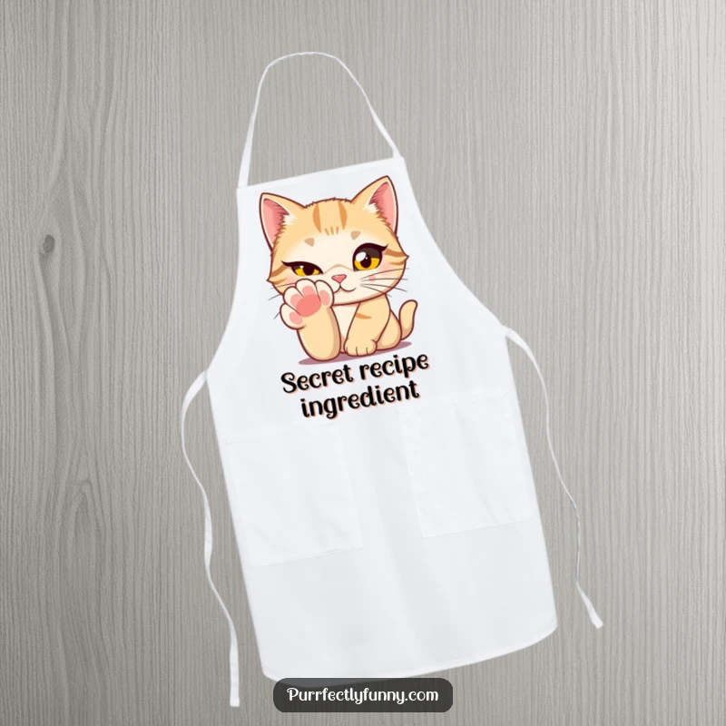 Funny cat with large eyes winking from behind its paw on a kitchen apron, a playful design for culinary charm.