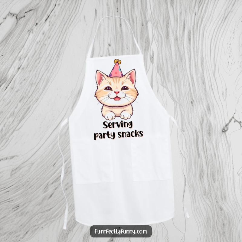 Funny apron with a cat wearing a tilted party hat and a comical grin, bringing festive cheer to your kitchen activities.