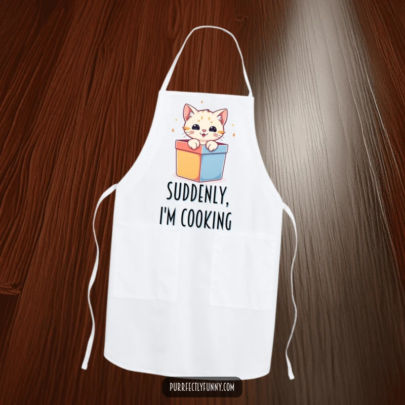Funny cat character bursting out of a colorful gift box, on a functional and humorous kitchen apron.