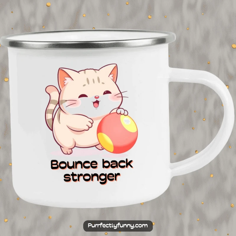Funny camping mug showing a plump cat in a funny, action-packed pose, chasing a bouncy ball, ready for adventure.