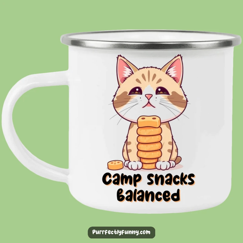 Funny Treat Balance Cat Camping Mug: Snack Safely Outdoors