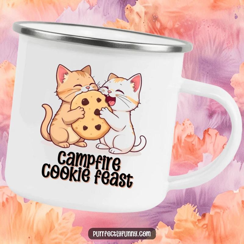 Funny, sturdy camping mug showing two cats sharing a ridiculously large cookie, perfect for outdoor enthusiasts.