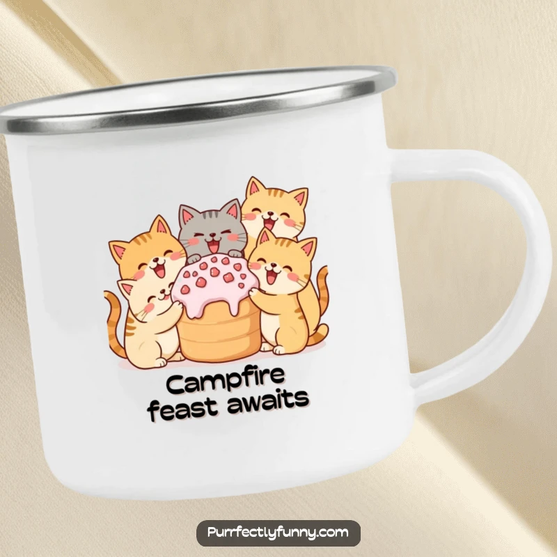 Funny camping mug featuring cats sharing a huge treat, durable and humorous for outdoor adventures.