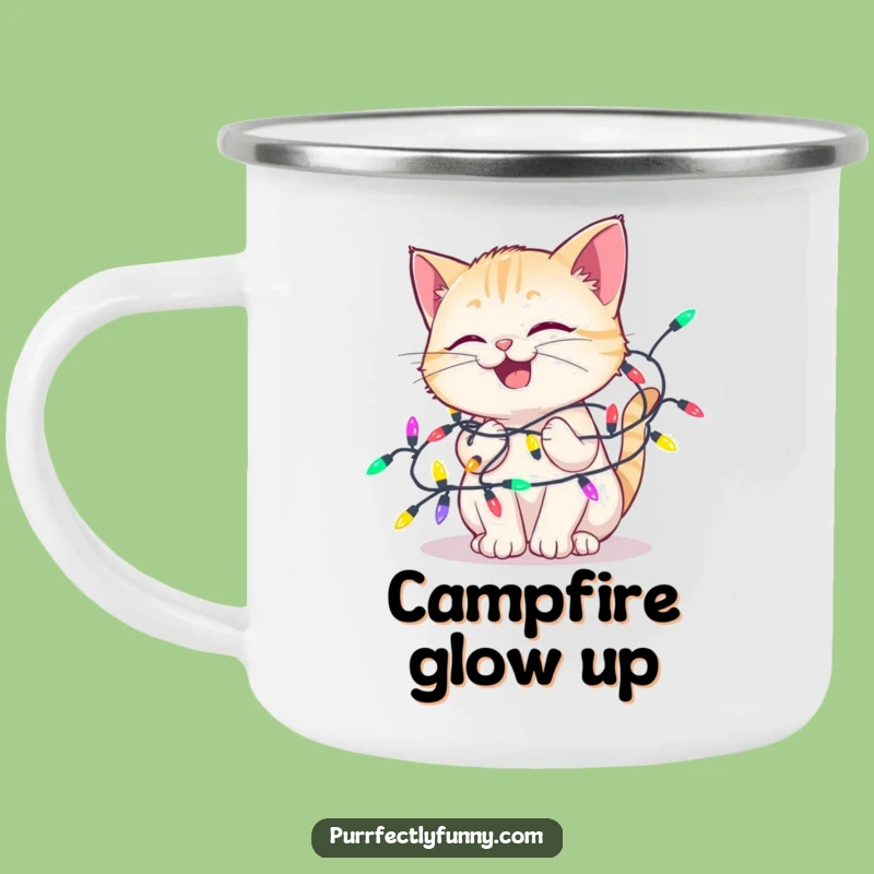 Funny Delighted Cat Lights Camping Mug: Festive Fun, Hilarious Outdoor Gift