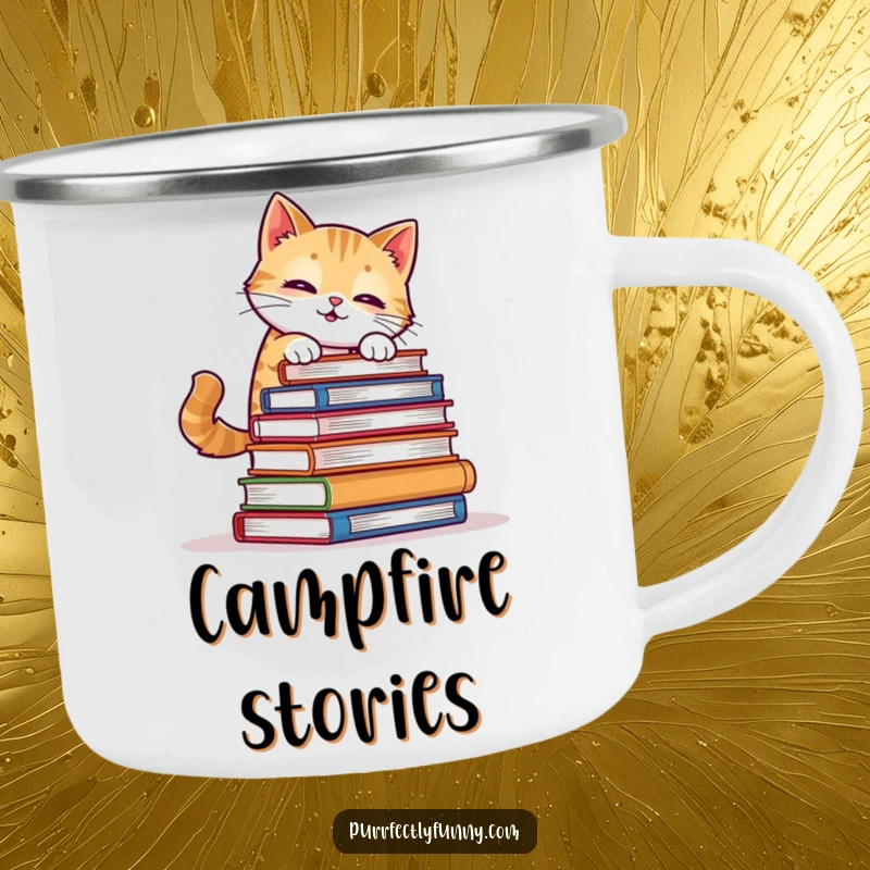Funny Cat Camping Mug: A cat comically balances a stack of books, a humorous and durable mug for outdoor reading enthusiasts.