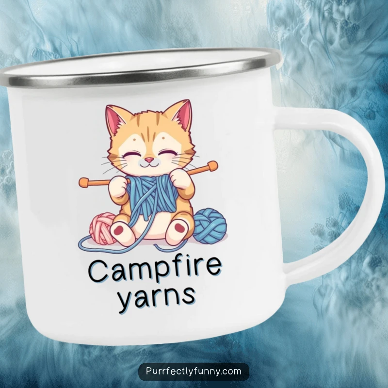 Funny cat knitting with oversized yarn and needles on a durable enamel camping mug, perfect for outdoor crafters.