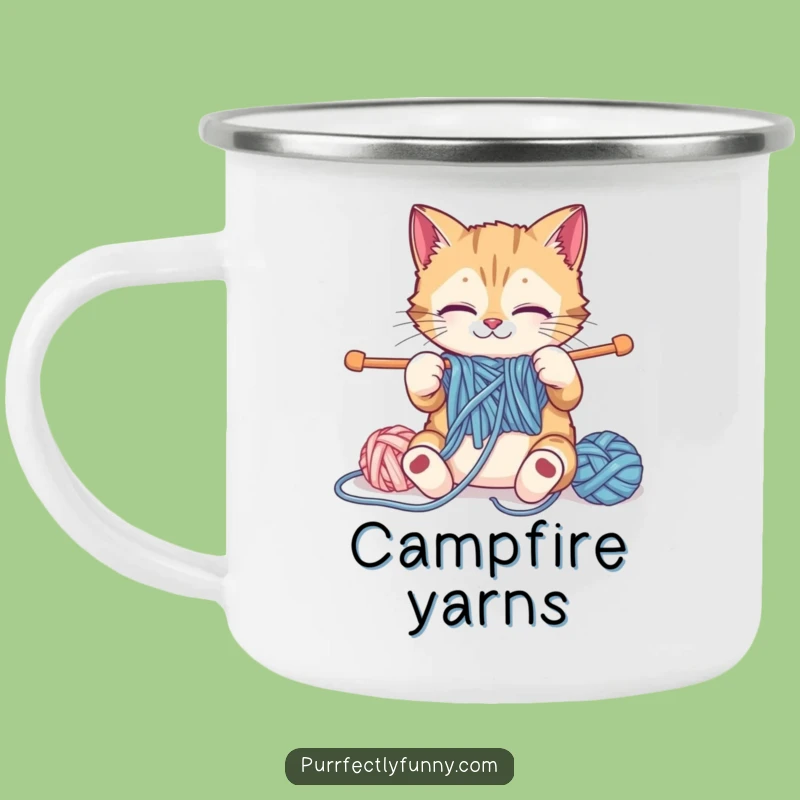 Funny Knitting Cat Camping Mug: Hilarious Feline Crafter Enamel Mug for Outdoors