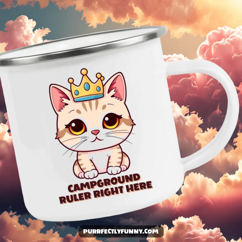 Funny cat camping mug, proud cat in a crown, humorous outdoor gear, perfect funny gift for campers.