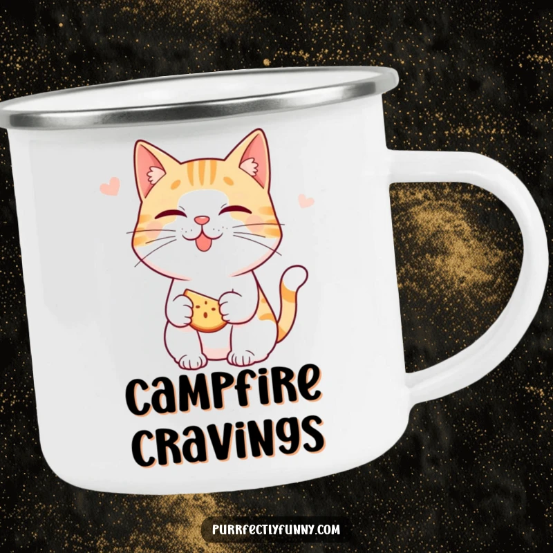 Funny cat camping mug: a cat character smacking its lips, anticipating a delicious snack during camping, looking happy.
