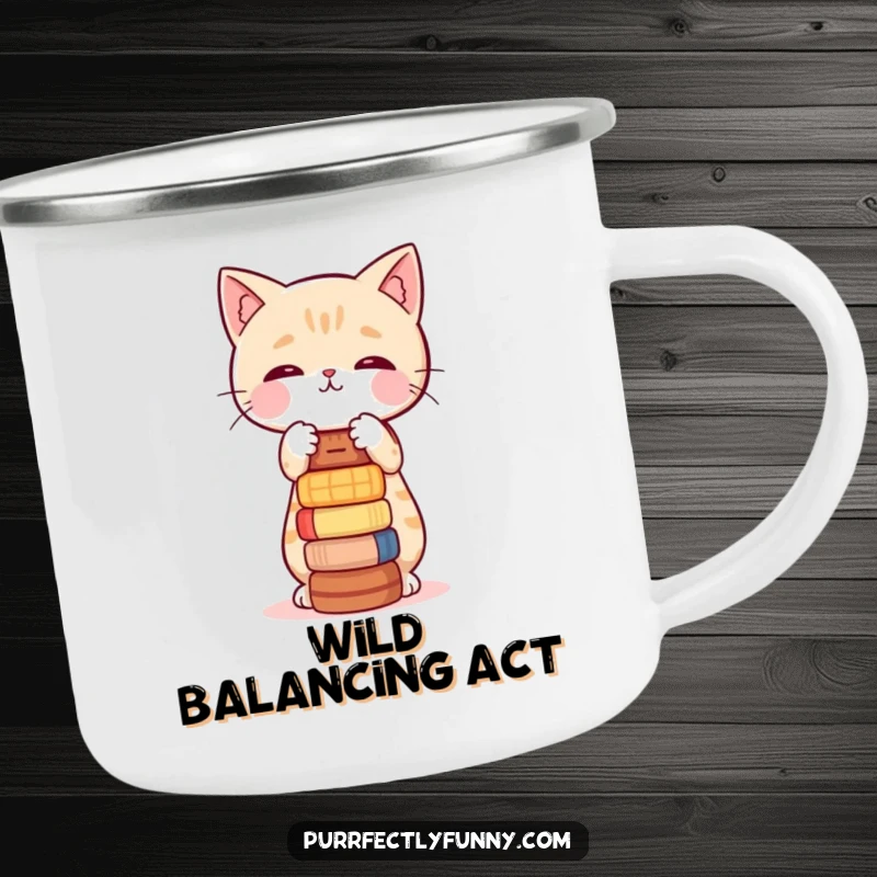 Funny camping mug with a cat character trying to balance a precarious stack of small items.
