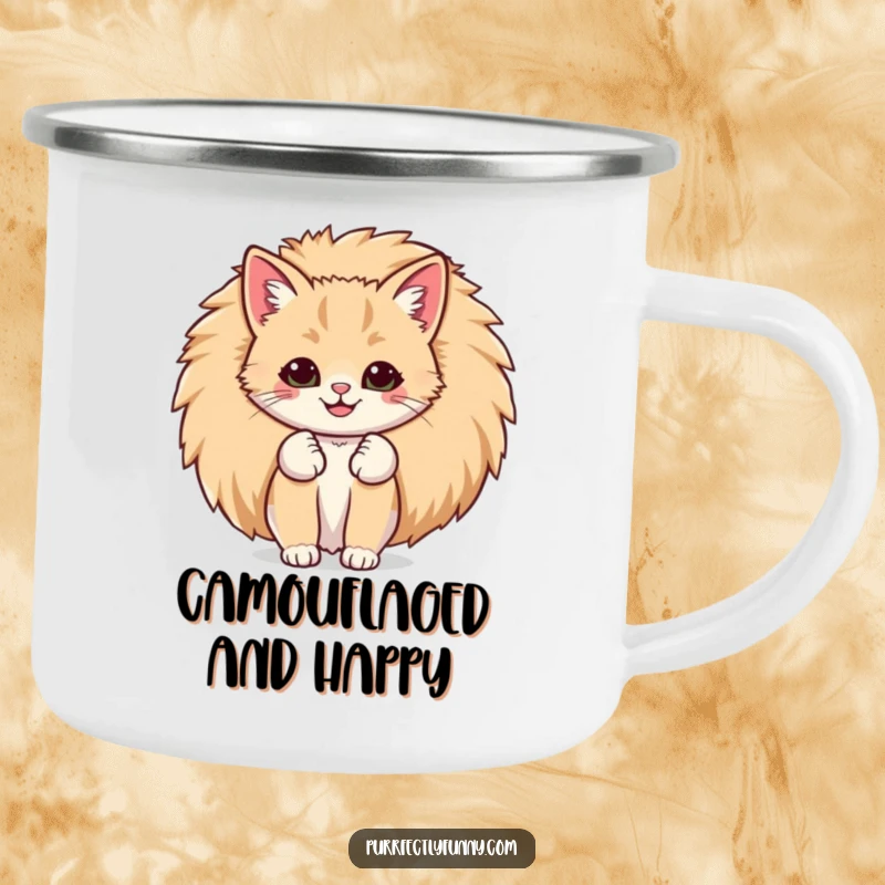Funny camping mug featuring a cat with a comically large smile peeking out from behind its giant, fluffy tail, bringing cheer.
