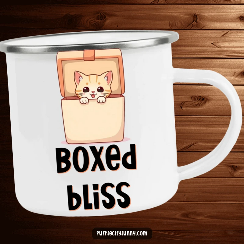 Funny Camping Mug featuring an excited cat peeking from a gift box, ideal for hot beverages during outdoor adventures.