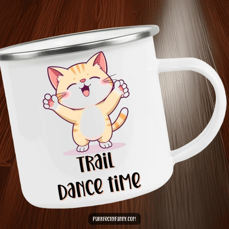 Funny Camping Mug shows a cat dancing energetically with paws up, perfect for enjoying beverages during outdoor adventures.