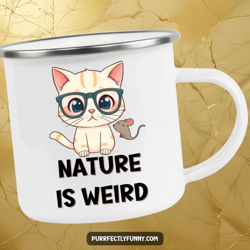 Funny Camping Mug shows a cat in oversized glasses looking surprised at a floating toy mouse, perfect for outdoor beverages.