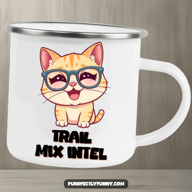 Durable funny cat camping mug with a comical cat wearing silly glasses and giggling, ready for outdoor fun.
