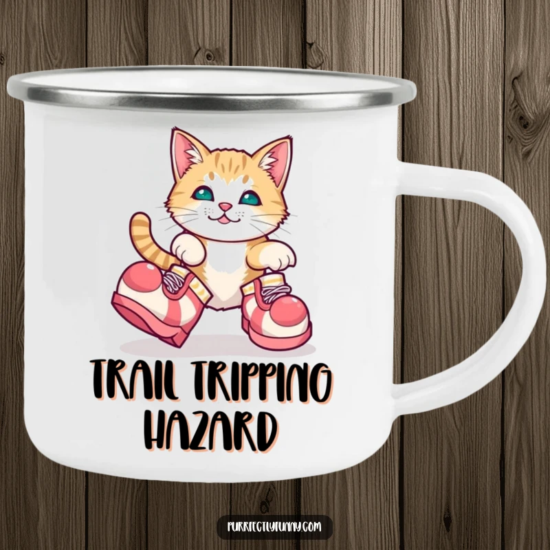 Funny, sturdy camping mug showing a cat adorably tripping in huge clown shoes, perfect for outdoor fun.