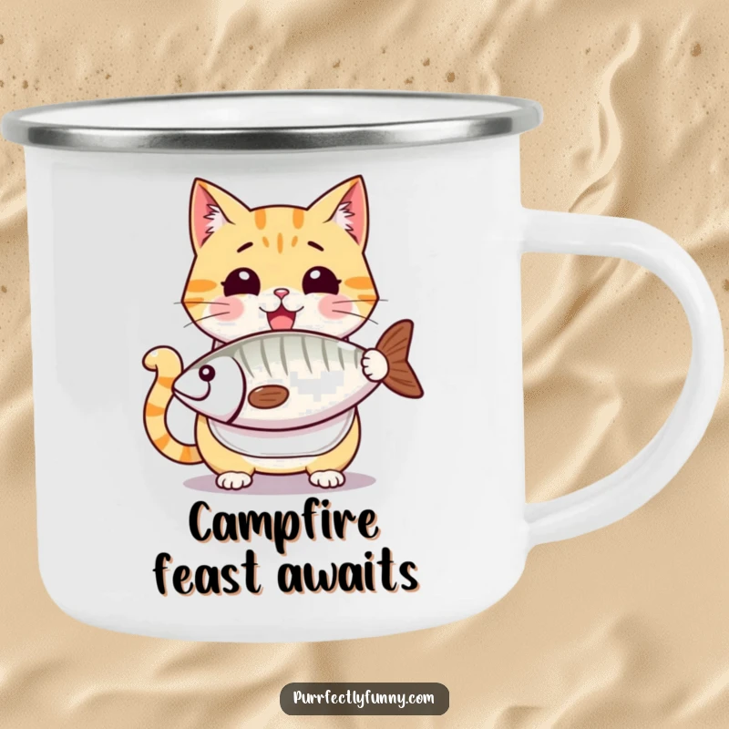 Funny cat camping mug, a cartoon cat wearing a bib, eyes fixated on a huge fish treat, signaling pure joy and hunger for the outdoors.