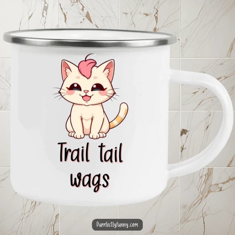 Funny cat camping mug featuring a silly grinning cat with a fanned tail, ready for outdoor brews and laughs.