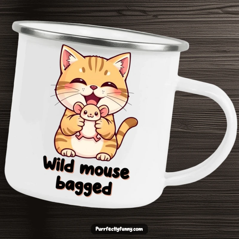 Funny camping mug with a triumphant cat holding a toy mouse, perfect for outdoor victories.
