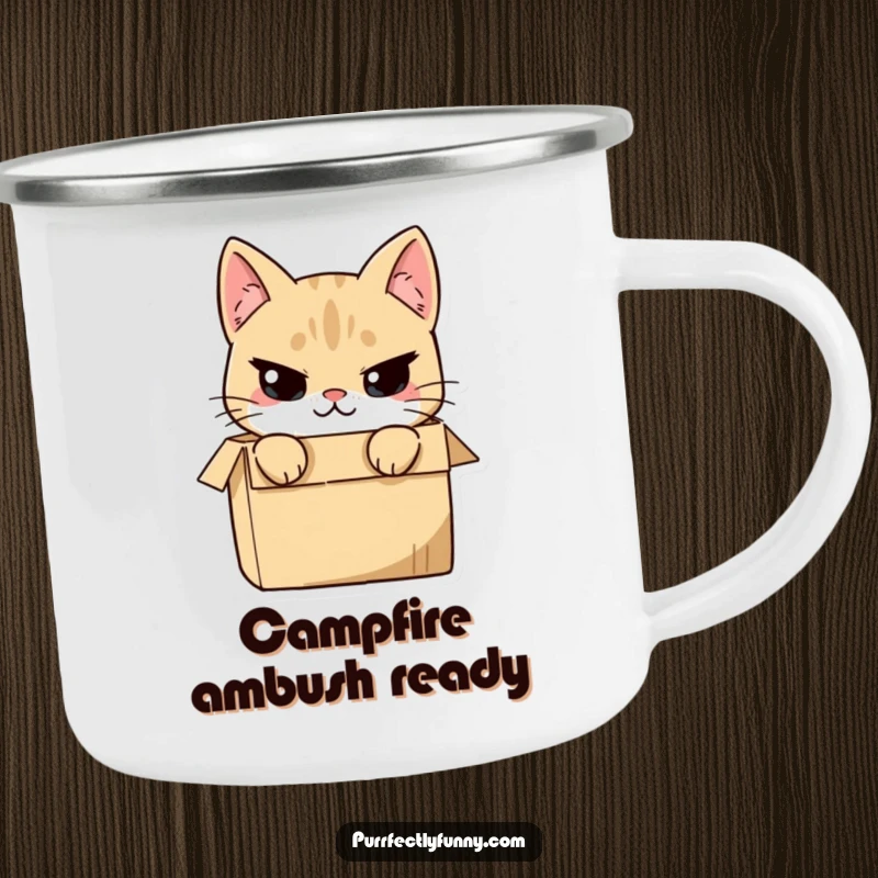 Funny cat peeking from a box with a mischievous smirk, printed on a camping mug, for playful outdoor moments.