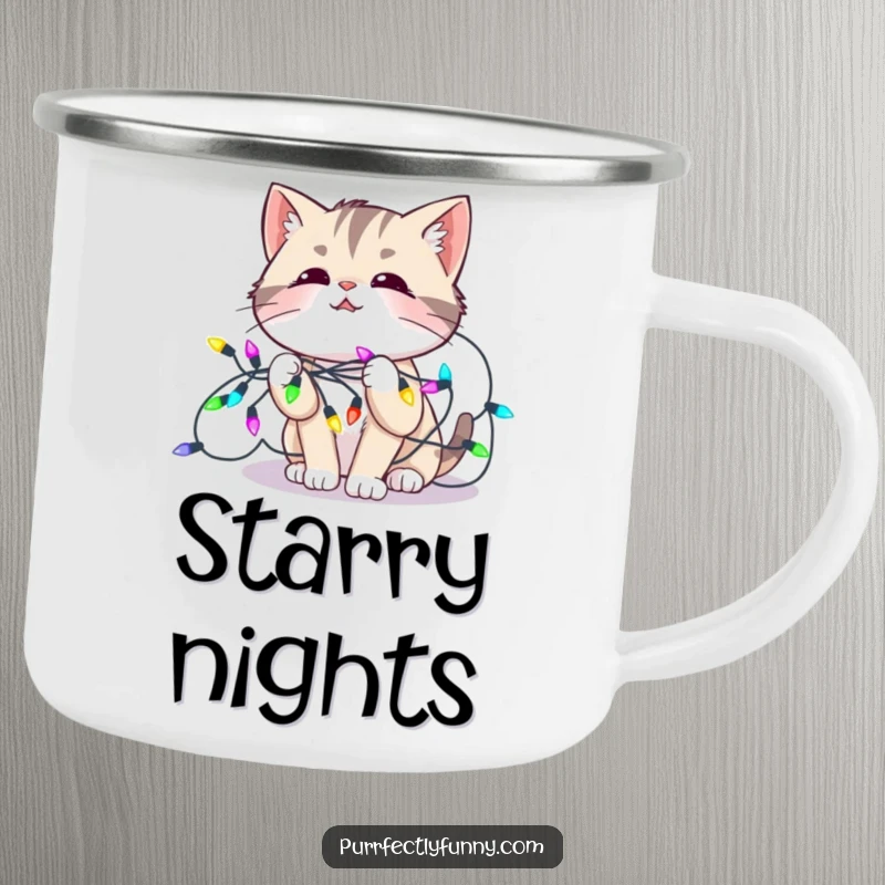 Funny camping mug illustration of a cat tangled in colorful holiday lights, looking amused, designed for festive outdoor enjoyment.