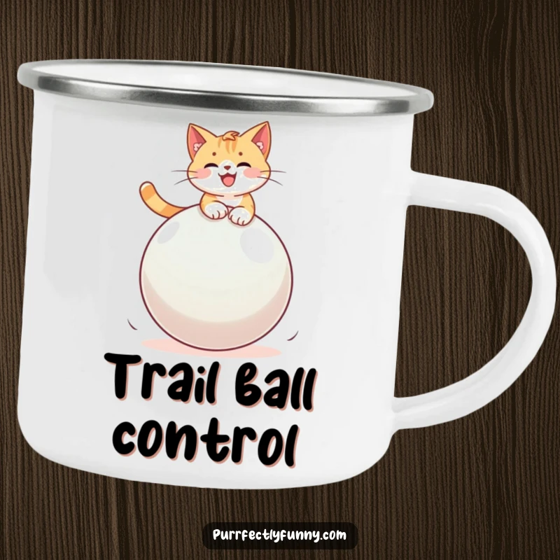 Funny cat adventure mug, riding a large bouncy ball in a scenic outdoor setting, durable and humorous.