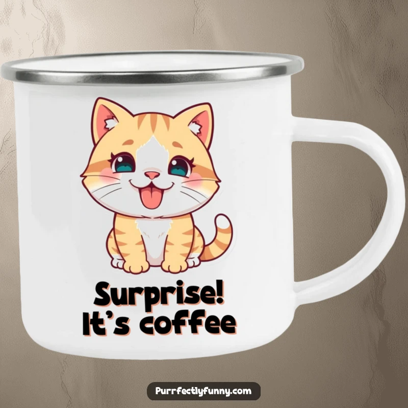 Sturdy camping mug featuring a funny cat in a pouncing pose with its tongue out, ready for outdoor fun.