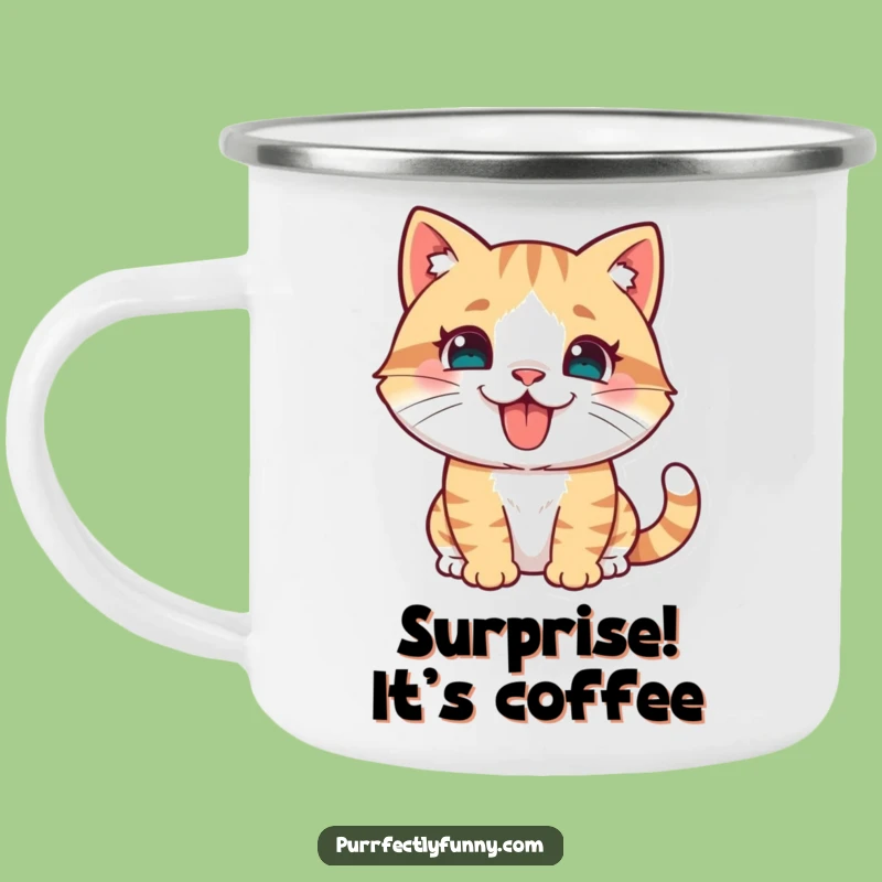 Funny Cat Pouncing Camping Mug - Tongue Out Adventure Fuel!