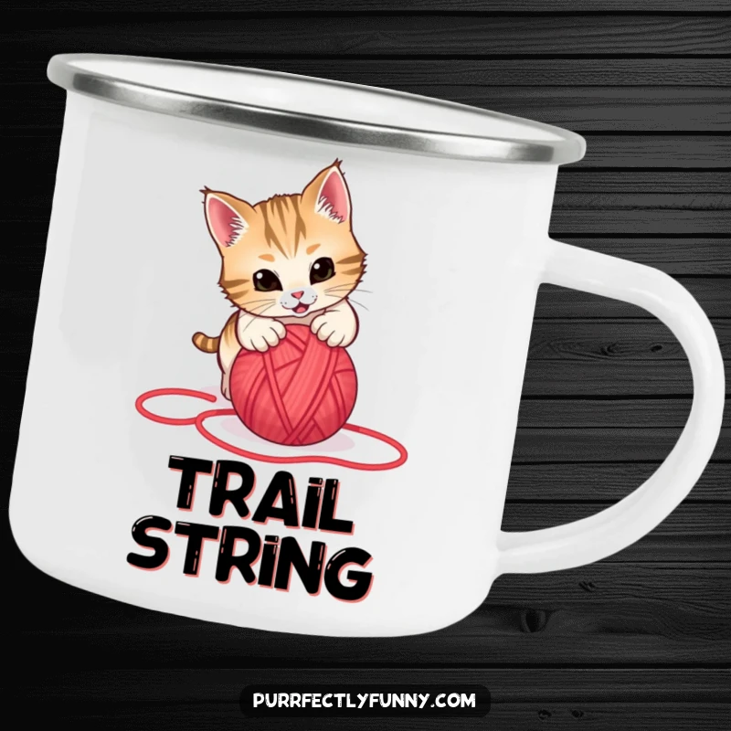 Funny camping mug illustration of a cat playfully pouncing on a rolling red yarn ball, designed for outdoor fun and laughter.