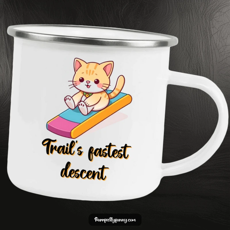 Sturdy camping mug with a funny cat illustration mid-slide down a colorful ramp, ready for any outdoor escapade.