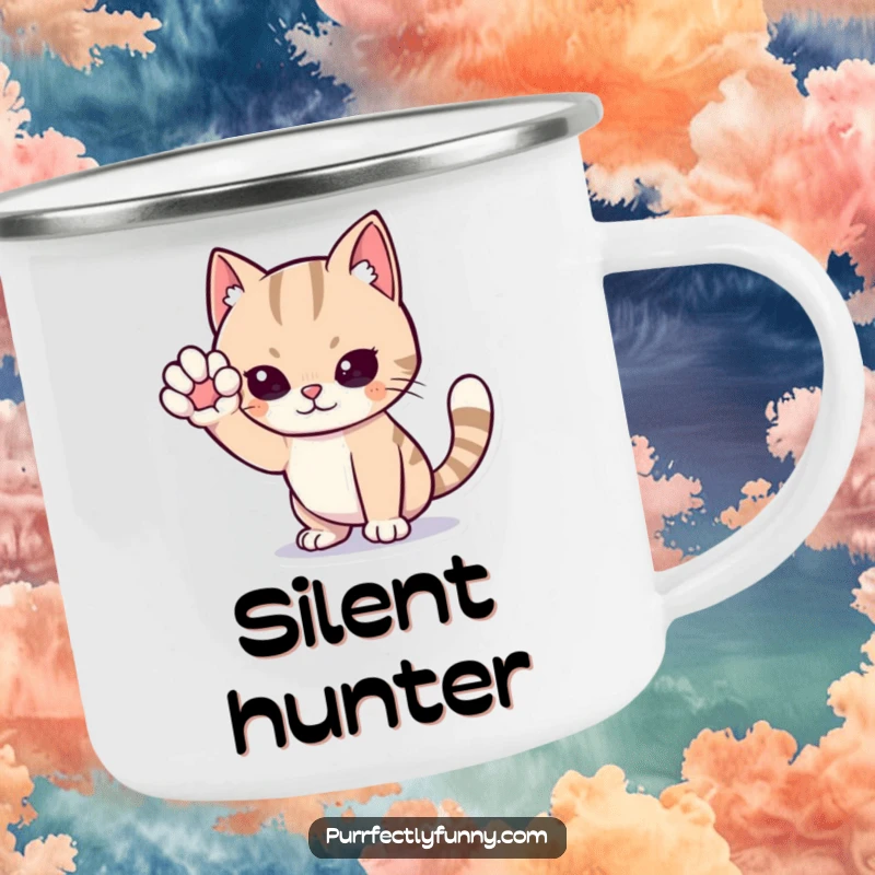 Funny cat camping mug, a cartoon cat in a dramatic sneaking pose, one paw raised high, perfect for embarking on secret outdoor missions.