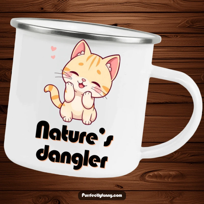Funny camping mug showing a determined cat character playfully swatting at a floating whisker, ready for outdoor escapades and laughter.