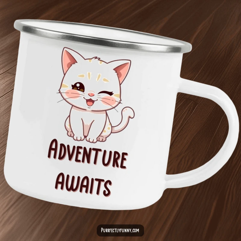 Funny camping mug showing a playful cat giving a wink and a wiggly tail, perfect for enjoying drinks on the go.