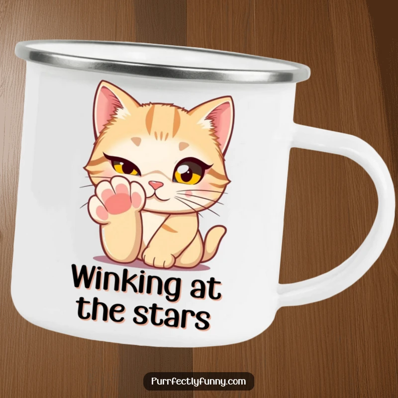 Funny cat with enormous eyes winking from behind its paw on a durable camping mug, ready for outdoor escapades and secrets.