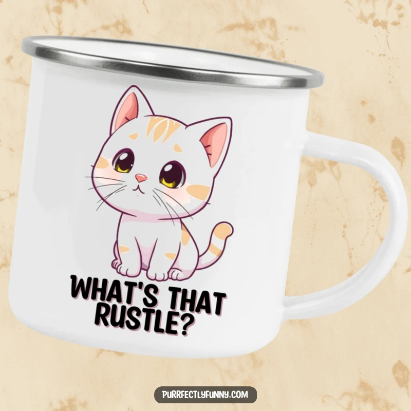 Funny curious cat camping mug, showing a cat tilting its head with twitching whiskers, investigating its surroundings outdoors.