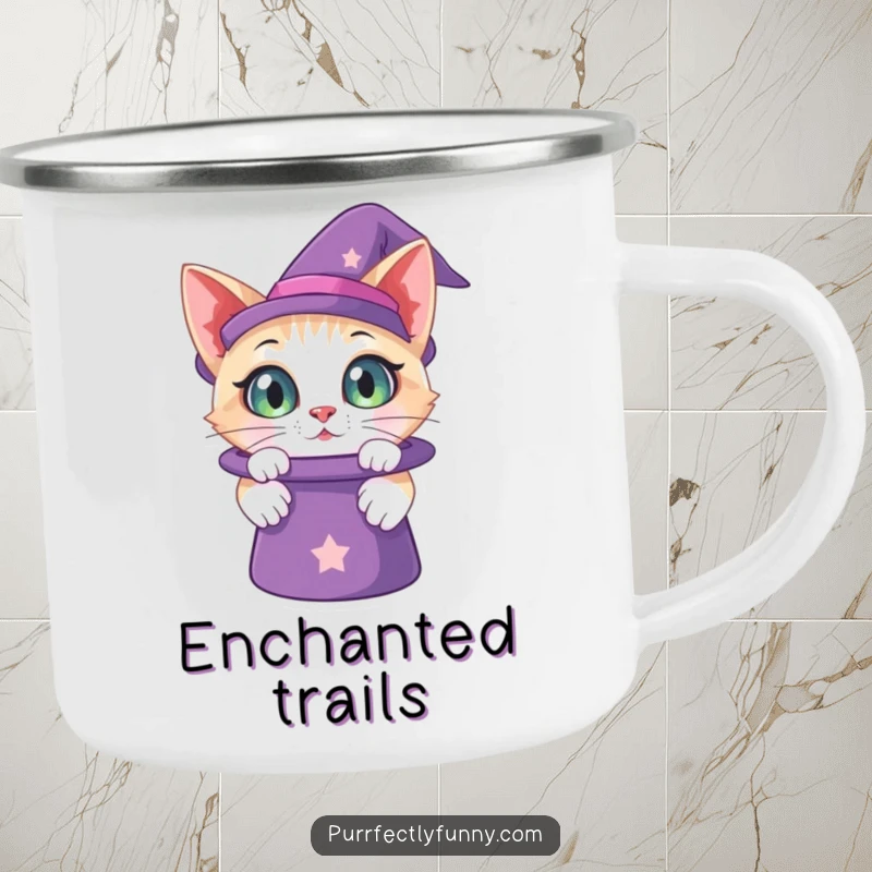 Funny camping mug illustration of a cat with wide, curious eyes peering into a magic hat, designed for whimsical outdoor enjoyment.