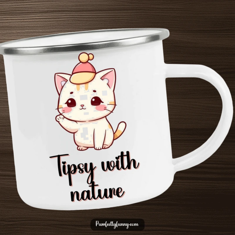 Funny cat tipping its hat on an enamel camping mug, perfect for stylish outdoor enthusiasts.