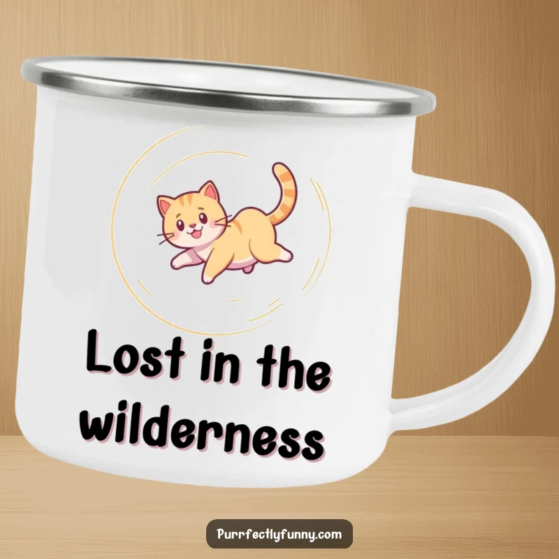 Funny Cat Camping Mug: Sturdy enamel mug with a funny graphic of a cat spinning in a happy spiral after its tail outdoors.