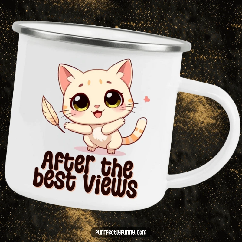 Funny cat with big, round eyes joyfully chasing a feather, on a sturdy camping mug.