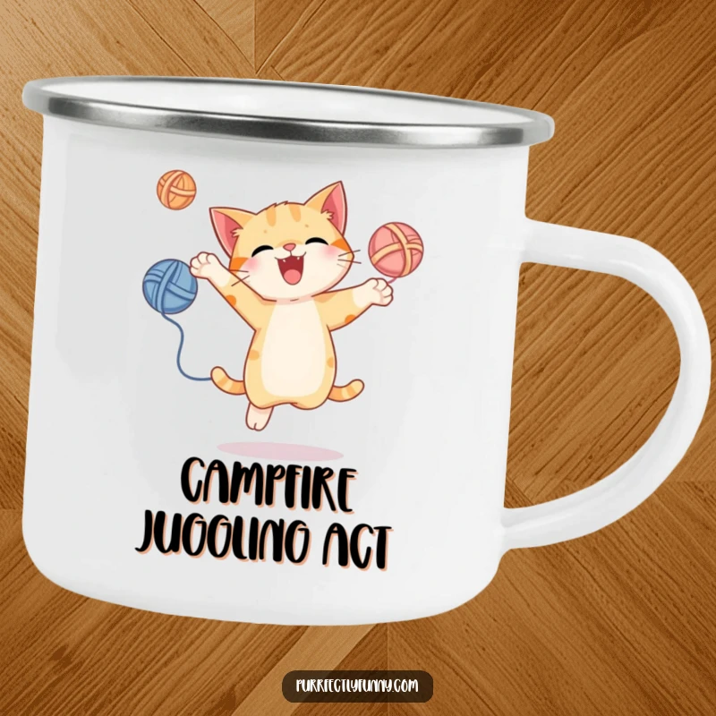 Funny camping mug showing a cat energetically juggling yarn balls, perfect for adding playful humor to outdoor drinks.