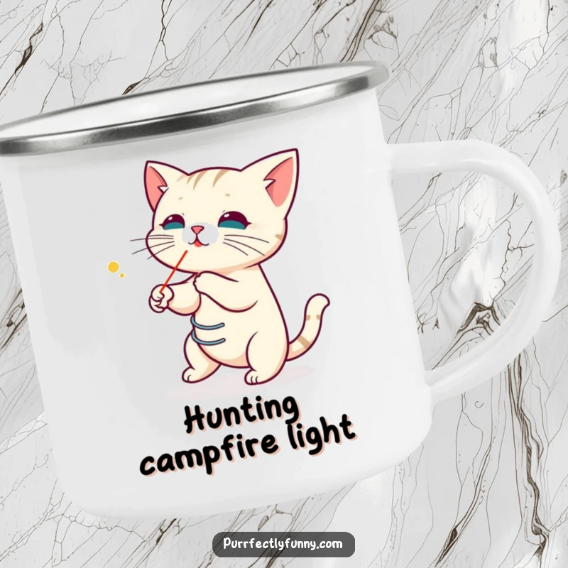 Funny camping mug showing a cat coiled like a spring, playfully chasing a laser pointer dot, perfect for enjoying drinks with humor.